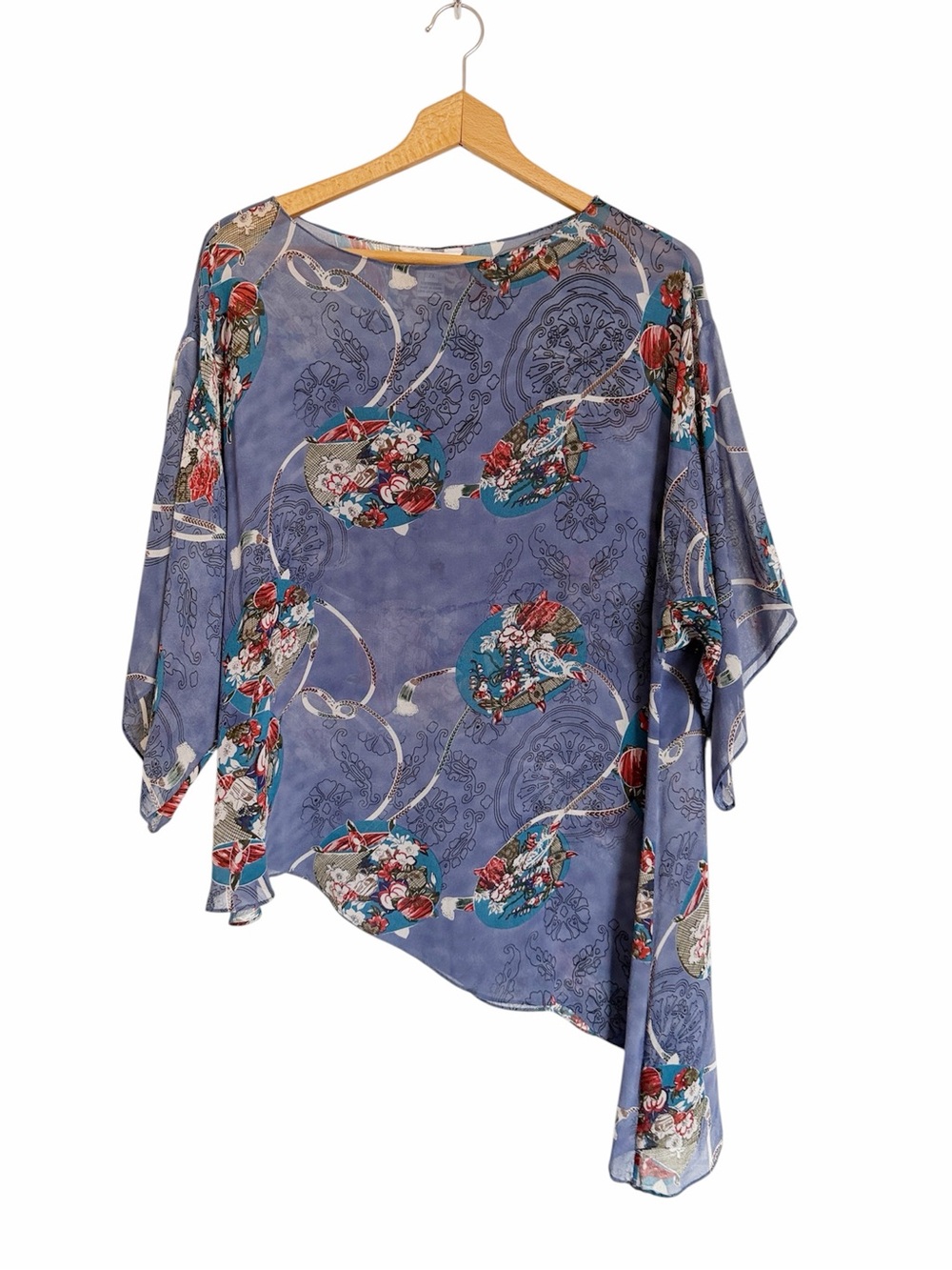 Citron Santa Monica Silk Purple Floral Asian Motif Asymmetrical Blouse size 2X
